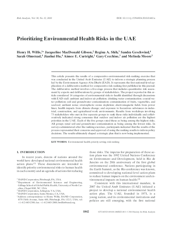 (PDF) Prioritizing Environmental Health Risks in the UAE