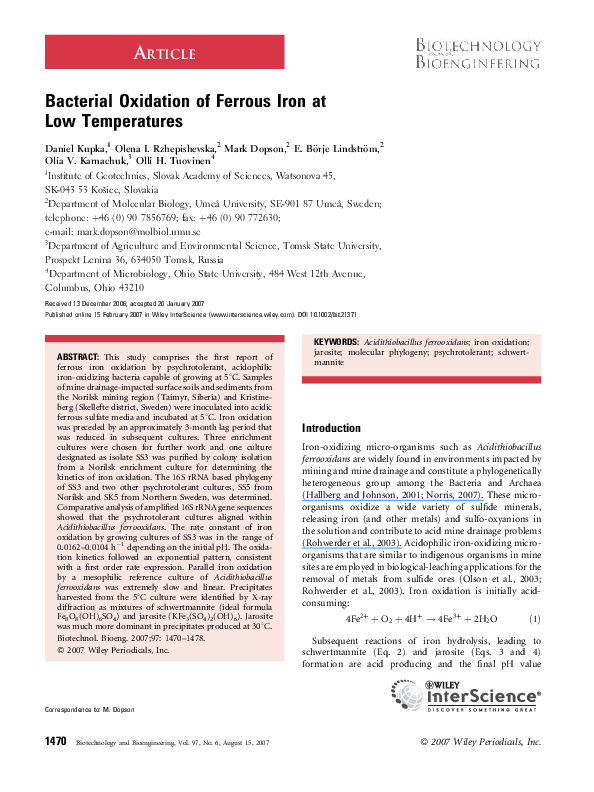 (PDF) Bacterial oxidation of ferrous iron at low temperatures