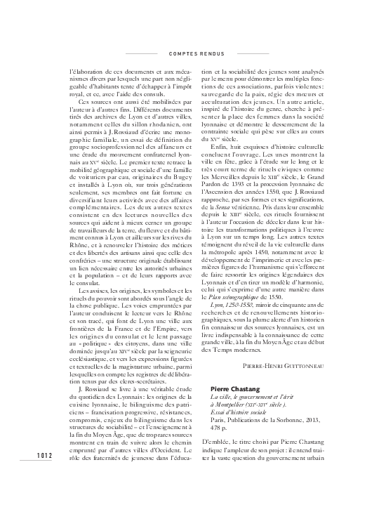 Recension d'ouvrage : Pierre Chastang, La ville, le gouvernement et l’écrit à Montpellier (XIIe-XIVe siècle). Essai d’histoire sociale, Paris, Publications de la Sorbonne, 2013