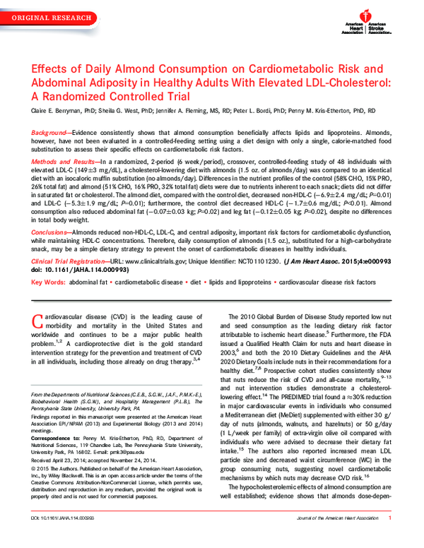 (PDF) Effects of Daily Almond Consumption on Cardiometabolic Risk and Abdominal Adiposity in