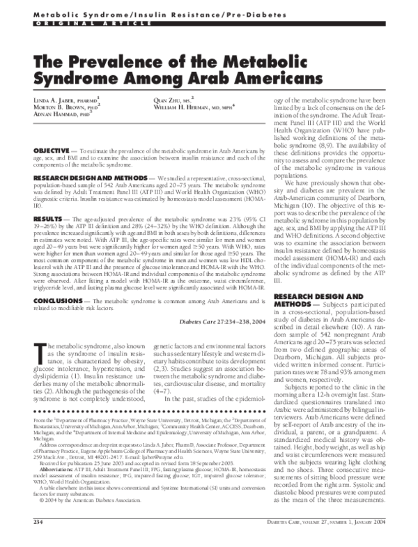 (PDF) Diabetes and the metabolic syndrome in Arab Americans: a ...