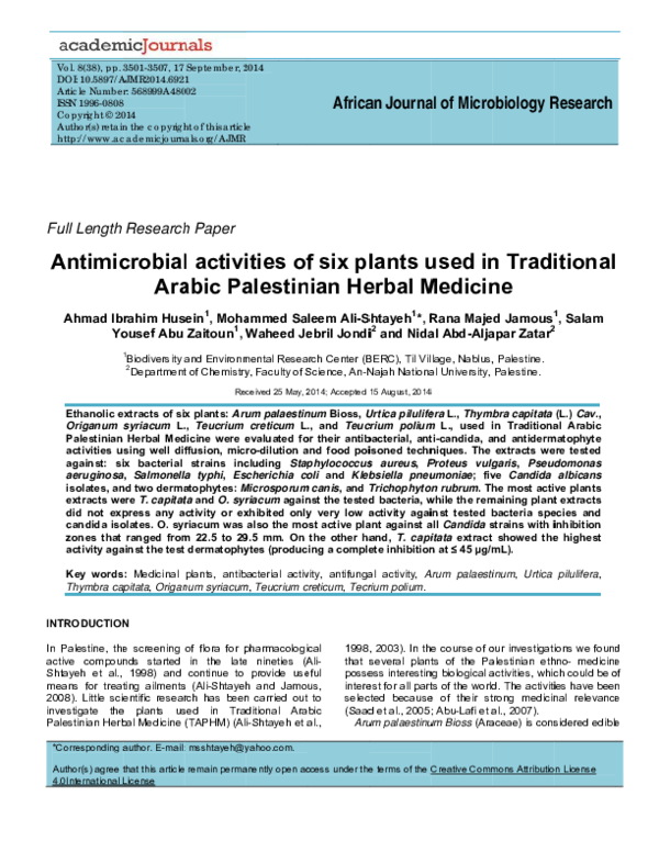 (PDF) Antimicrobial activities of six plants used in Traditional Arabic Palestinian Herbal