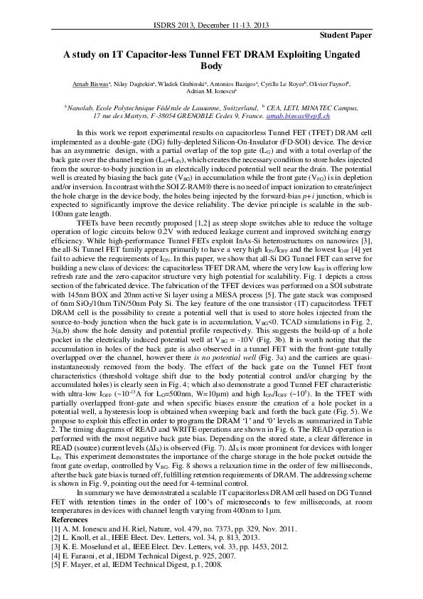 (PDF) A study on 1T Capacitor-less Tunnel FET DRAM Exploiting Ungated Body