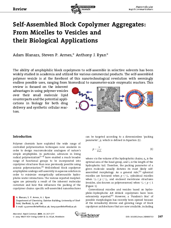 (PDF) Self-Assembled Block Copolymer Aggregates: From Micelles to ...