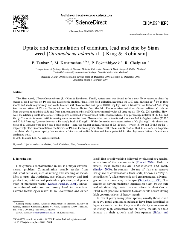 (PDF) Uptake and accumulation of cadmium, lead and zinc by Siam weed ...