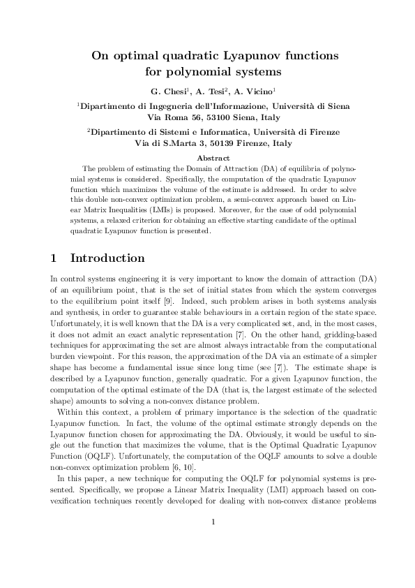 (PDF) On optimal quadratic Lyapunov functions for polynomial systems
