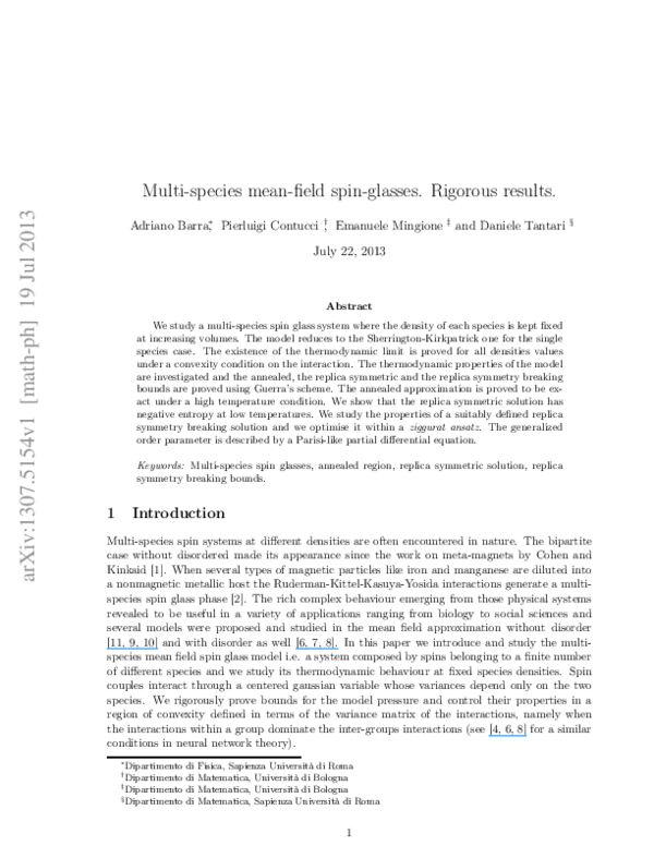 (PDF) Multi-Species Mean Field Spin Glasses. Rigorous Results