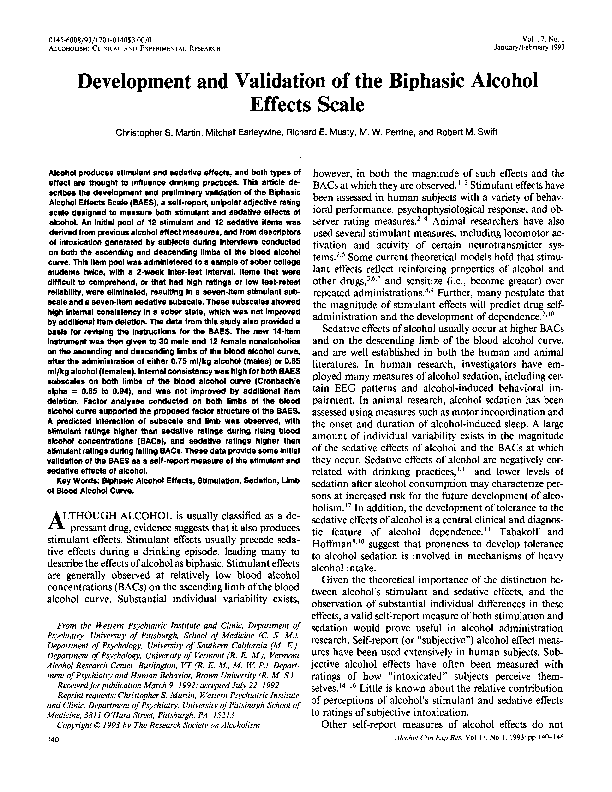 (PDF) Development and Validation of the Biphasic Alcohol Effects Scale