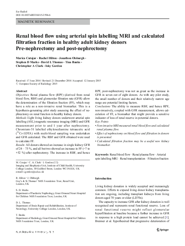 (PDF) Renal blood flow using arterial spin labelling MRI and calculated