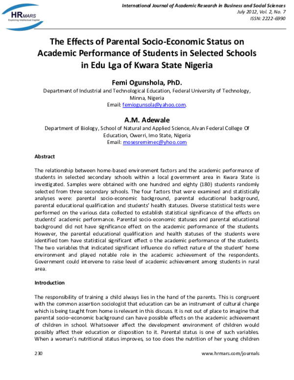 (PDF) The Effects of Parental Socio-Economic Status on Academic ...