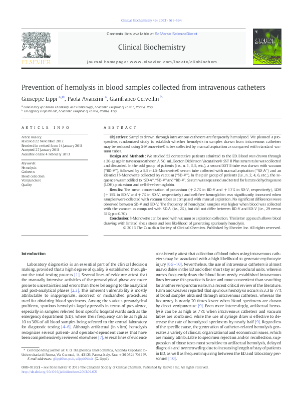 (PDF) Prevention of hemolysis in blood samples collected from intravenous catheters Gianfranco