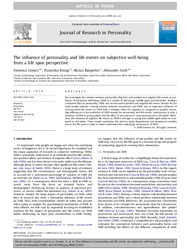 (PDF) The influence of personality and life events on subjective well ...