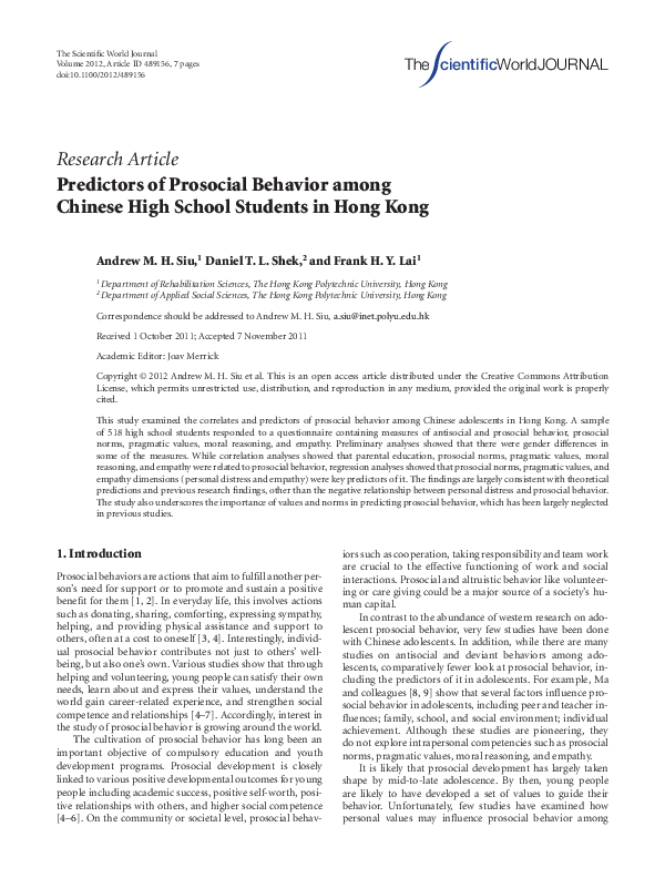 (PDF) Predictors of prosocial behavior among Chinese high school ...