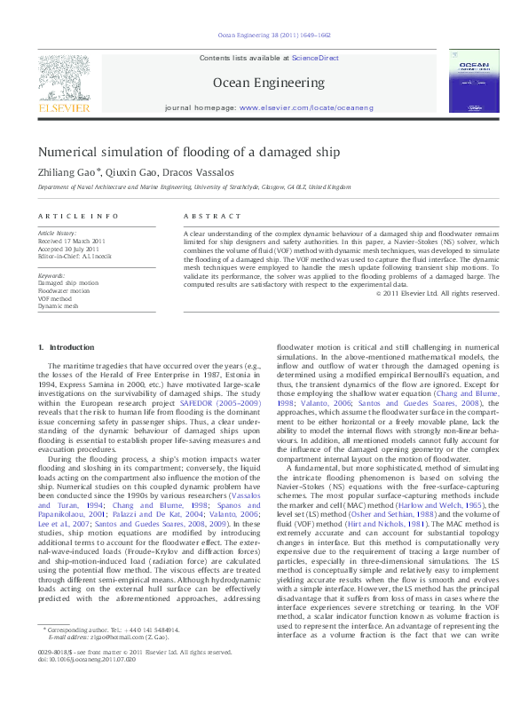 (PDF) Numerical simulation of flooding of a damaged ship