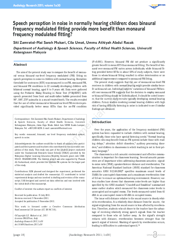(PDF) Speech perception in noise in normally hearing children: does ...