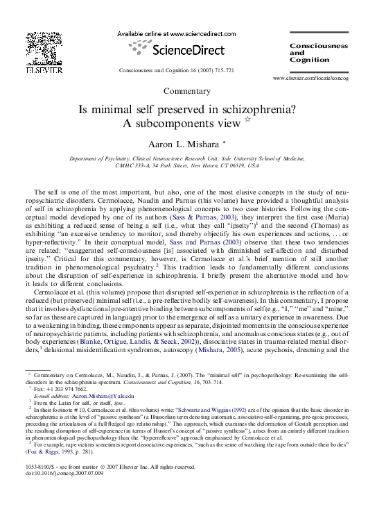 (PDF) Is minimal self preserved in schizophrenia? A subcomponents view