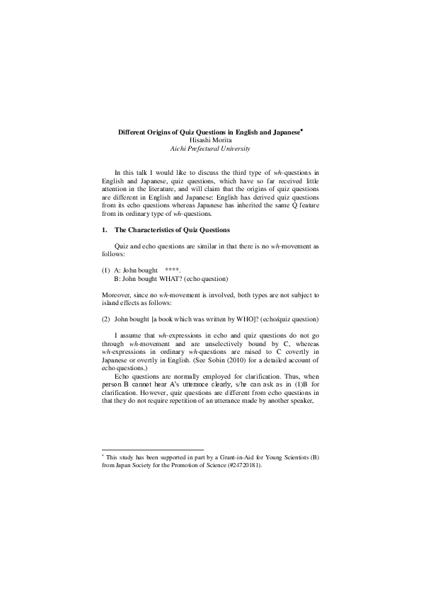 Pdf Different Origins Of Quiz Questions In English And Japanese Hisashi Morita Academia Edu