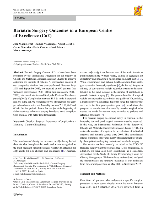 (PDF) Bariatric surgery outcomes in a European Centre of Excellence (CoE)