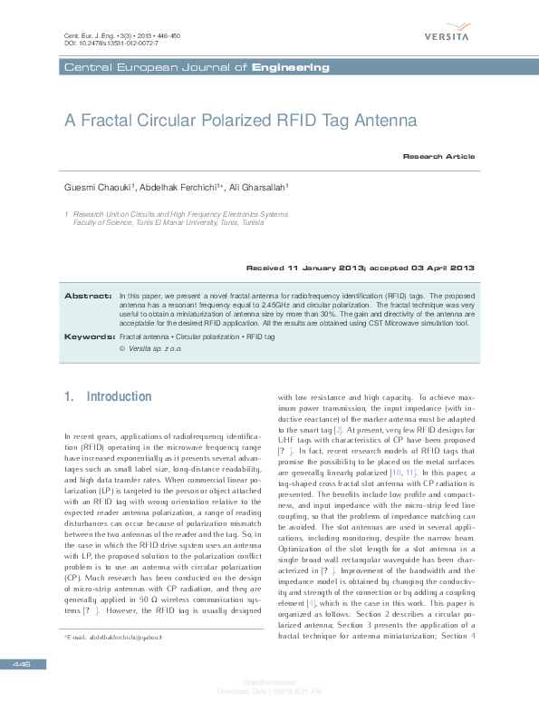 (PDF) A fractal circular polarized RFID tag antenna