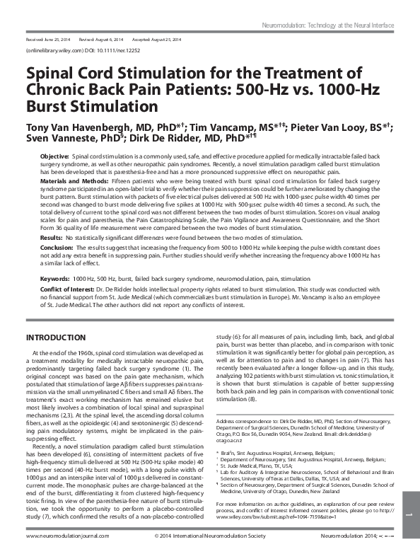 (PDF) Spinal cord stimulation for the treatment of chronic back pain ...