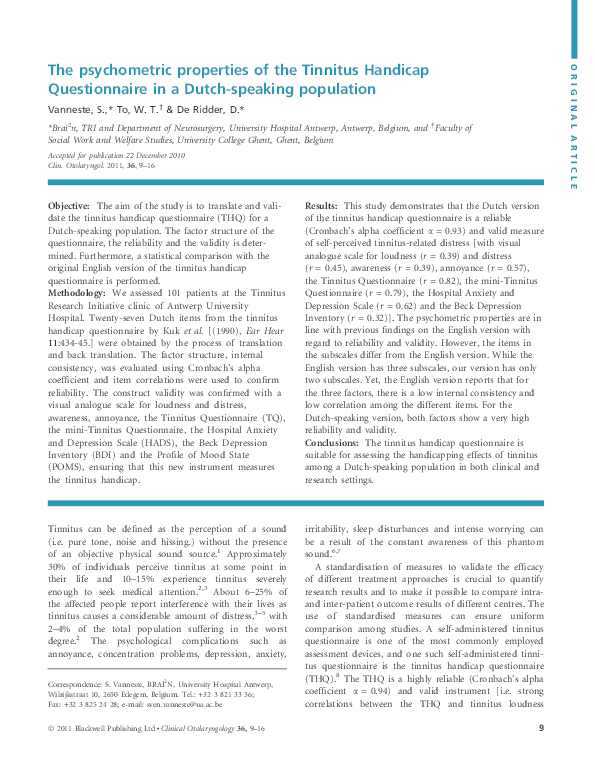 (PDF) The psychometric properties of the Tinnitus Handicap