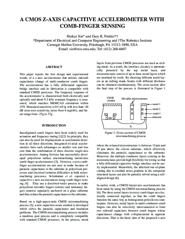 (PDF) A CMOS zaxis capacitive accelerometer with combfinger sensing