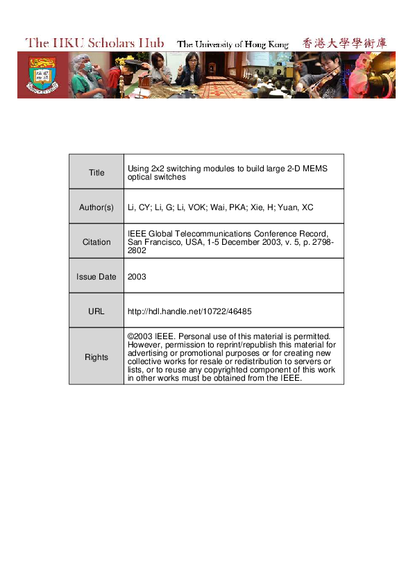 (PDF) Using 2x2 switching modules to build large 2D MEMS optical switches Huikai Xie