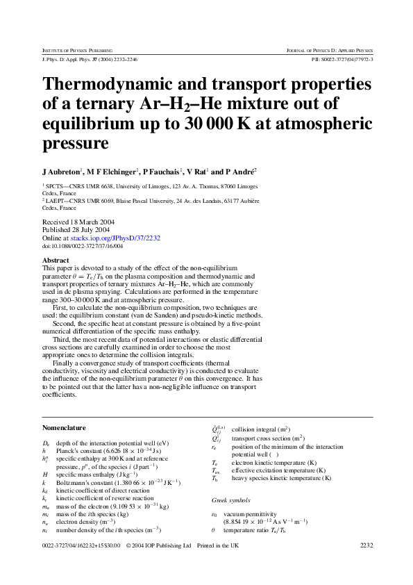 (PDF) Thermodynamic and transport properties of a ternary Ar–H 2 –He ...