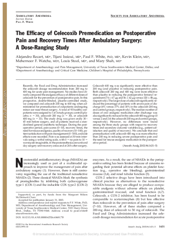 (PDF) The Efficacy of Celecoxib Premedication on Postoperative Pain and ...