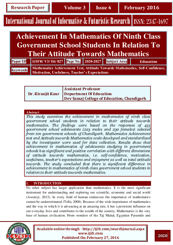 (PDF) Achievement In Mathematics Of Ninth Class Government School ...