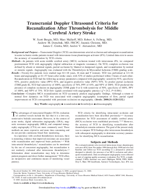 (PDF) Transcranial Doppler Ultrasound Criteria for Recanalization After