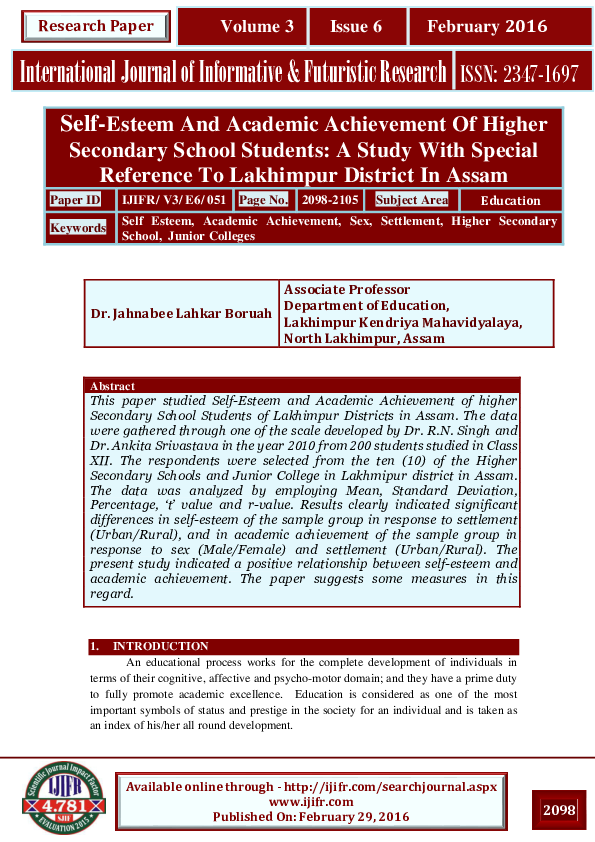 (PDF) Self-Esteem And Academic Achievement Of Higher Secondary School ...