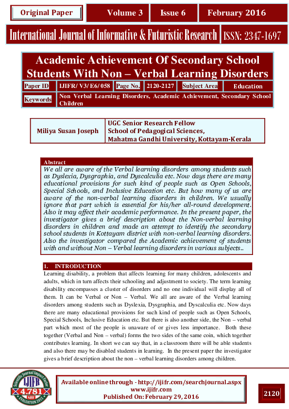 (PDF) Academic Achievement Of Secondary School Students With Non ...