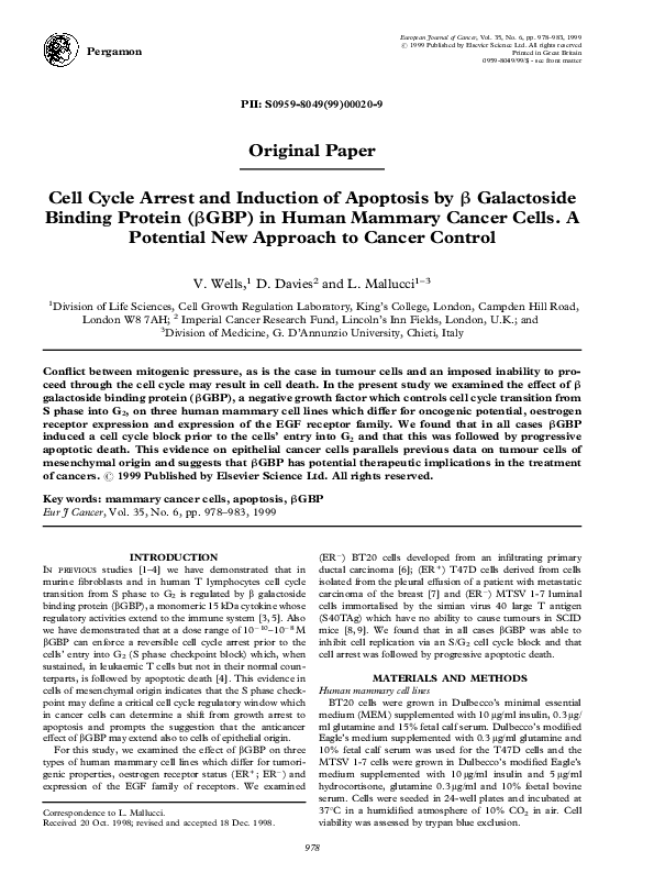 (PDF) Cell cycle arrest and induction of apoptosis by β galactoside ...