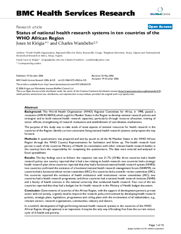 (PDF) Status of national health research systems in ten countries of ...