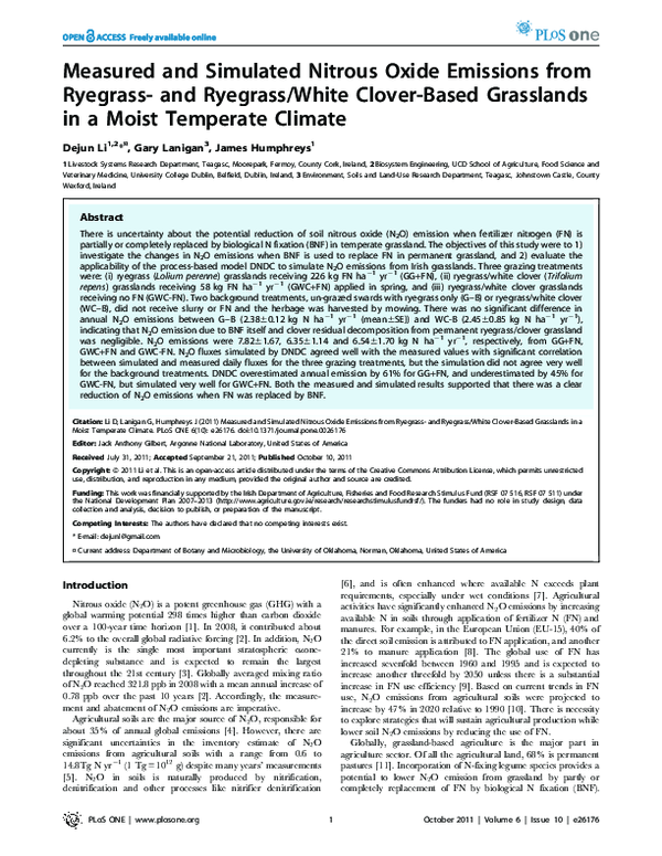 (PDF) Measured and Simulated Nitrous Oxide Emissions from Ryegrass- and ...