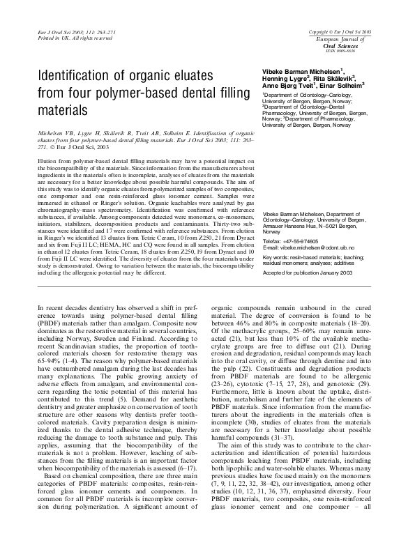 (PDF) Identification of organic eluates from four polymerbased dental