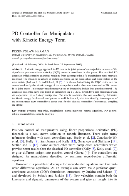 (PDF) PD Controller for Manipulator with Kinetic Energy Term