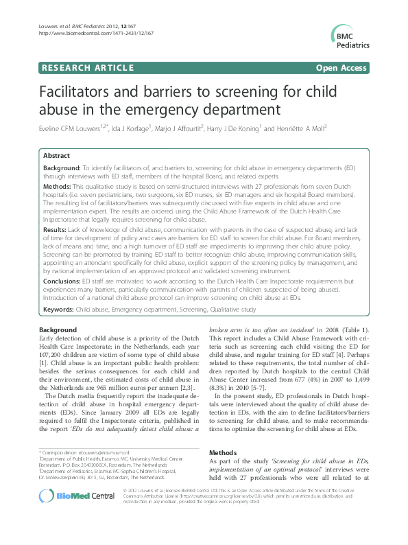 (PDF) Facilitators and barriers to screening for child abuse in the ...