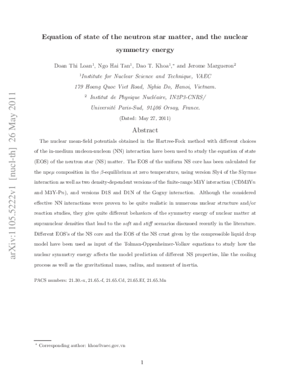(PDF) Equation of state of neutron star matter, and the nuclear ...