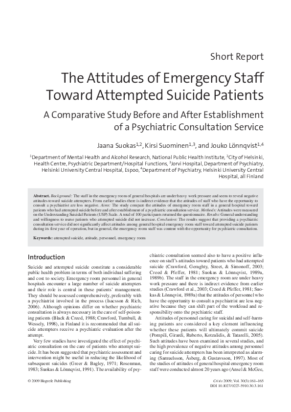 (PDF) The Attitudes of Emergency Staff Toward Attempted Suicide Patients