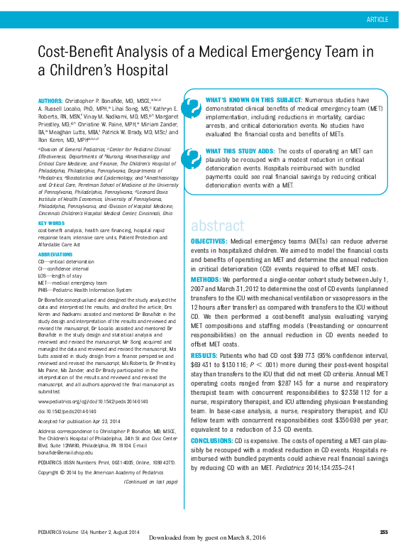 (PDF) CostBenefit Analysis of a Medical Emergency Team in a Children's