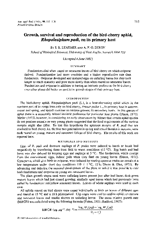 (PDF) Growth, survival and reproduction of the bird-cherry aphid ...