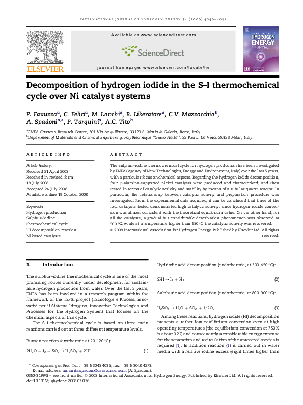 (PDF) Decomposition of hydrogen iodide in the S–I thermochemical cycle ...