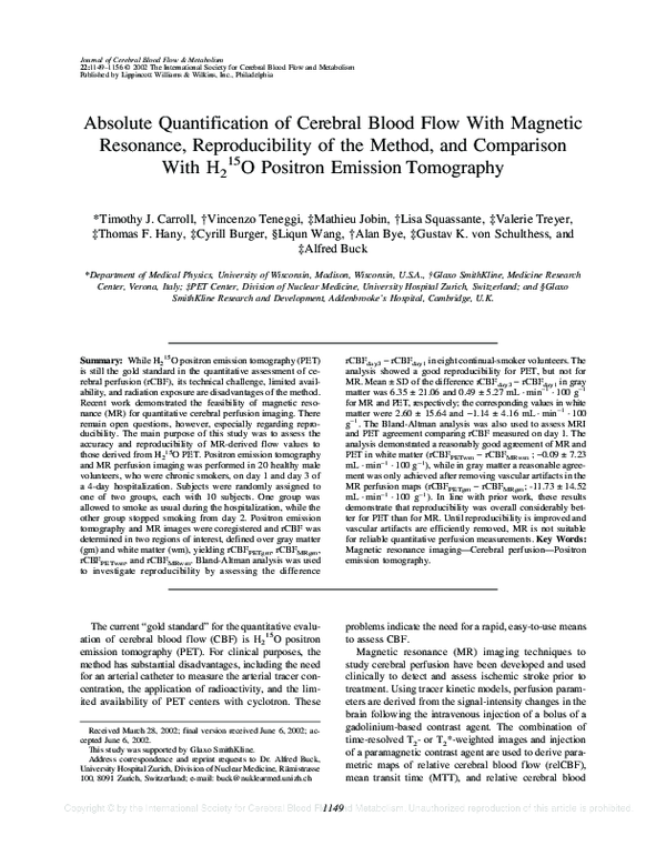 (PDF) Absolute Quantification of Cerebral Blood Flow With Magnetic ...