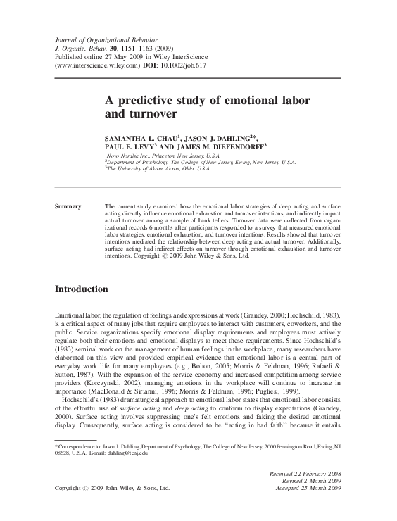 (PDF) A predictive study of emotional labor and turnover