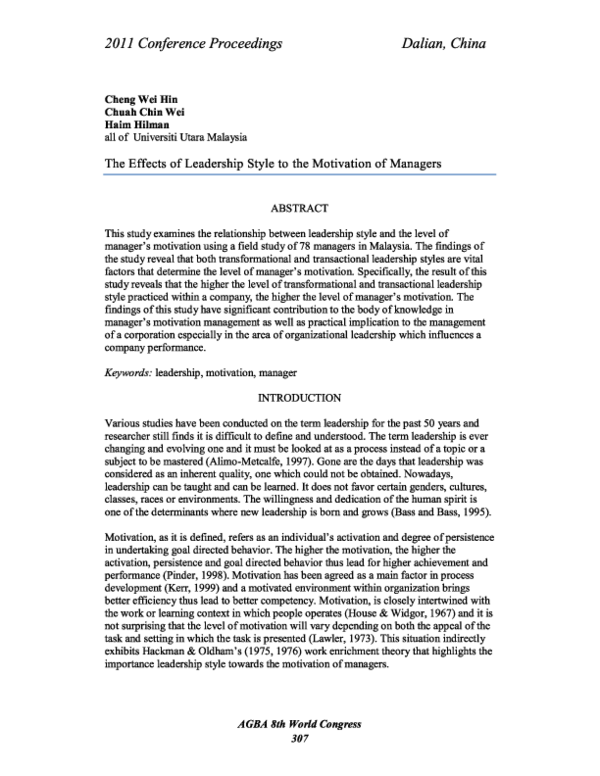 (PDF) The effect of leadership style to the motivation of managers