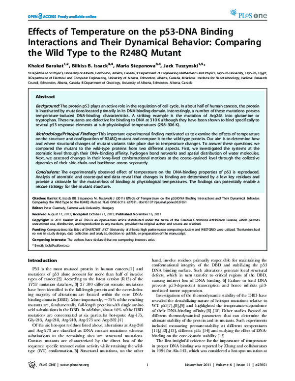 (PDF) Effects of Temperature on the p53-DNA Binding Interactions and ...
