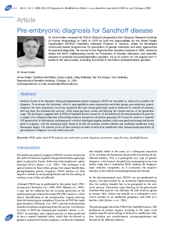 (PDF) Pre-embryonic diagnosis for Sandhoff disease