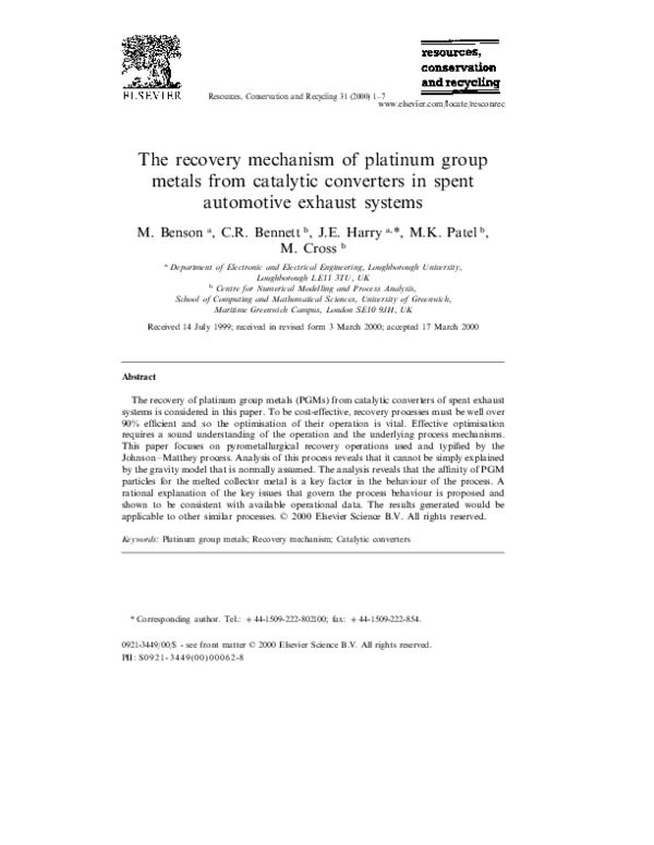 (PDF) The recovery mechanism of platinum group metals from catalytic